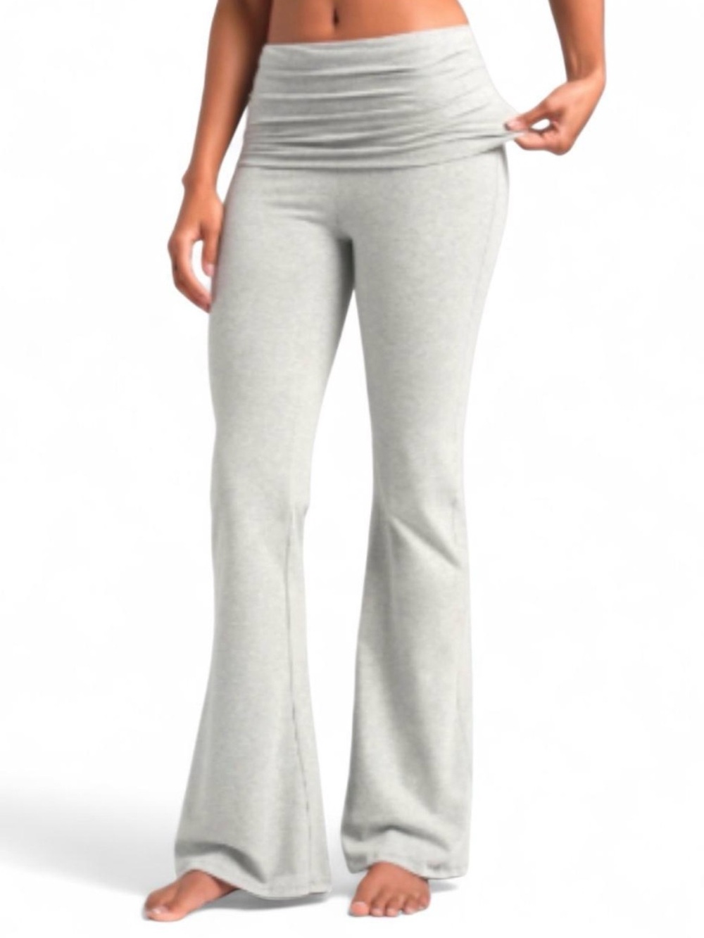 Fold-Over Waist Flare Leg Yoga Pants - Light Gray